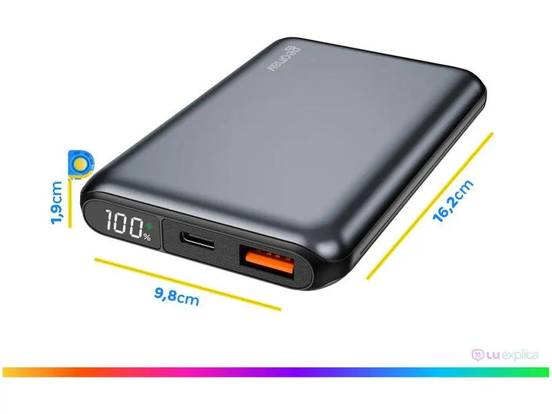 Carregador Portátil - Power Bank Geonav 10.000mAh com Carga Rápida 20W, LED Display e Pass Through – Space Gray